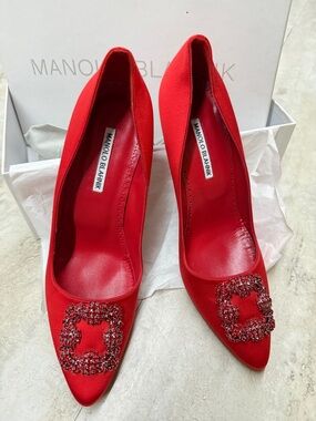 Manolo Blahnik Red Satin Pointed-Toe Stilettos